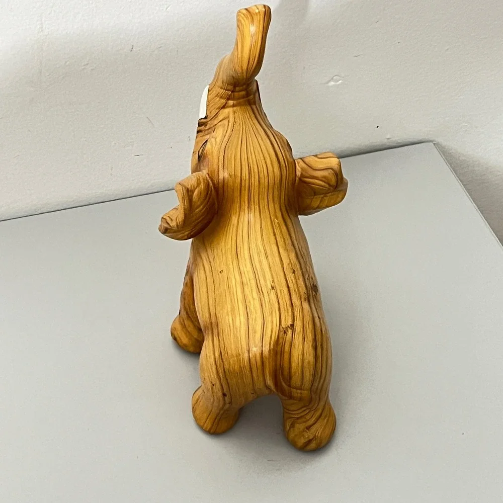 Vinatage Elephant Figurine Home Decor  Brown Faux Wood Grain Trunk Up Luck